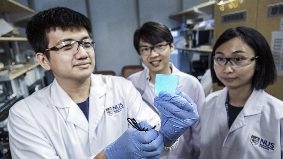 <div>The NUS research team behind the novel electronic material is led by Assistant Professor Benjamin Tee (centre). With him are two team members: Mr Wang Guanxiang (left), who is holding a sample of</div><div>the illuminated material, and Dr Tan Yu Jun (right)</div>