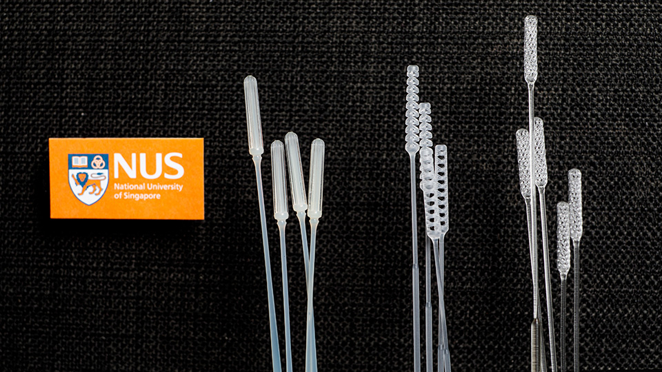 NUS researchers have designed three nasopharyngeal swabs for COVID-19 testing: (from left) IM2, IM3 and Python.