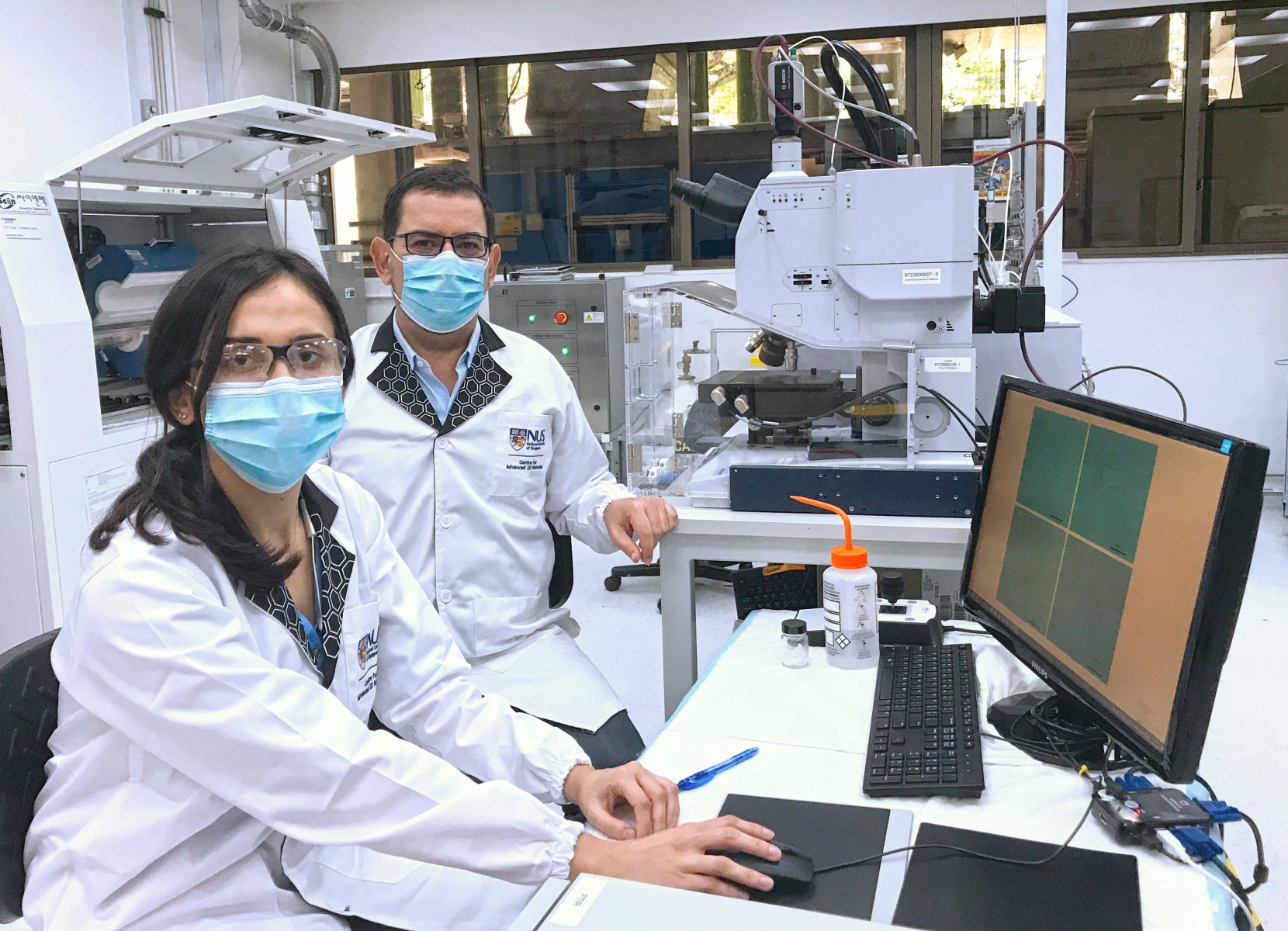 The team that created the 2D-electrolytes was led by Prof Antonio Castro Neto (right), Director of CA2DM. With him is Ms Mariana Costa (left), the first author of the ground-breaking publication.
