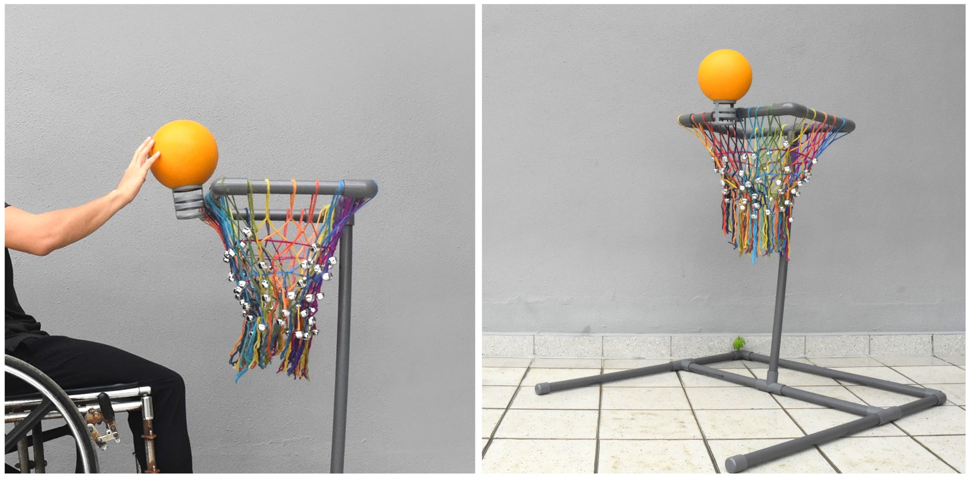 Figo assembled in basketball mode, which allows wheelchair users with multiple disabilities, such as cerebral palsy and hypotonia, to independently push a ball into the net.