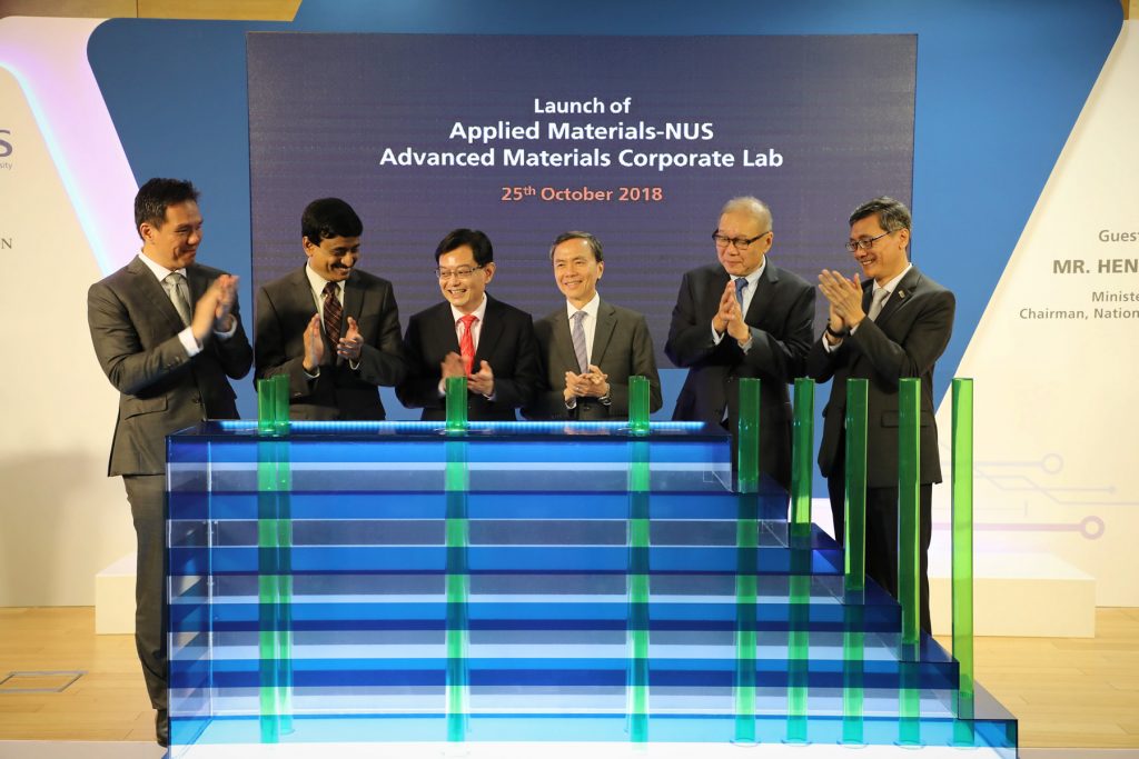 The S$70 million Applied Materials-NUS Advanced Materials Corporate Lab was launched on 25 October 2018. From left: Mr Brian Tan, Vice President &amp; Regional President (SEA), Applied Materials; Dr Prabu Raja, Senior Vice President, Semiconductor Products Group, Applied Materials; Mr Heng Swee Keat, Minister for Finance and Chairman, NRF; Mr Hsieh Fu Hua, Chairman, NUS Board of Trustees; Prof Low Teck Seng, Chief Executive Officer, NRF; and Prof Tan Eng Chye, NUS President.