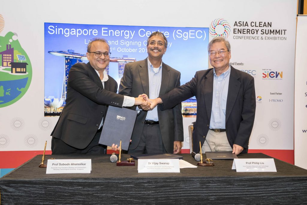 The launch of SgEC took place at the Singapore International Energy Week 2018 (SIEW). From left: Prof Subodh Mhaisalkar, NTU Associate Vice President for Strategy &amp; Partnerships, Mr Vijay Swarup, Vice President of Research and Development at ExxonMobil Engineering and Research Company, and Prof Philip Li-Fan Liu, NUS Vice President (Research &amp; Technology)
(Photo Credit: NTU)