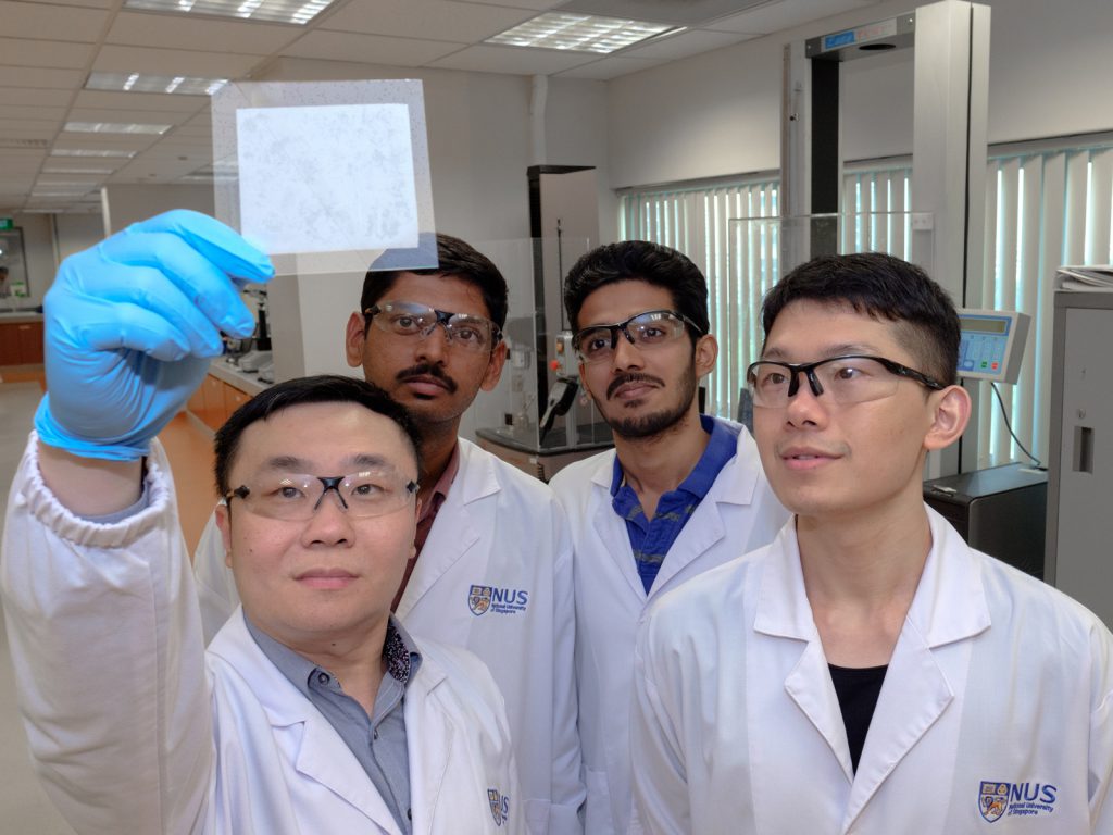 A research team from NUS Materials Science and Engineering has invented a novel water-absorbing gel that harnesses humidity for various practical applications. From left to right: Asst Prof Tan Swee Ching, Mr Dilip Krishna Nandakumar, Mr Sai Kishore Ravi, and Mr Zhang Yaoxin
