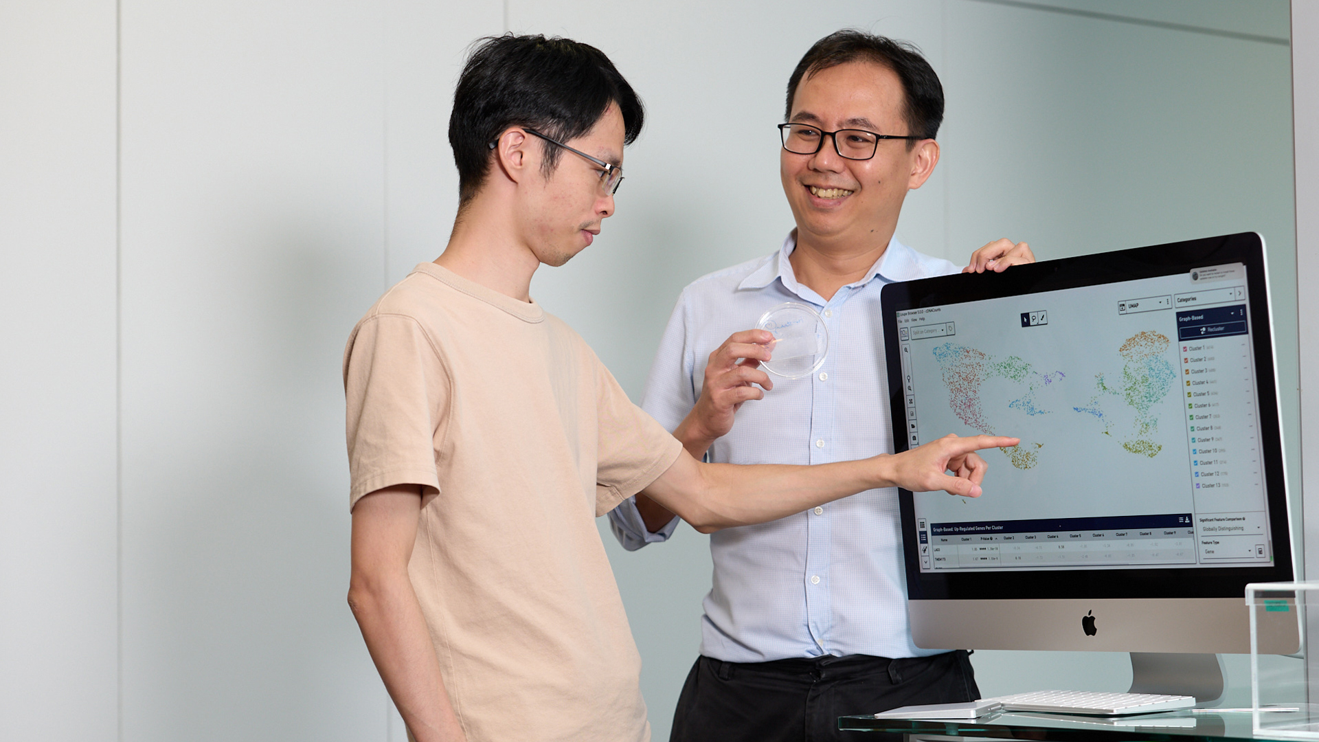 Asst Prof Cheow Lih Feng (right), Dr Wu Tongjin (left) and their team developed an innovative technique to facilitate the studying of immune cell response at a single-cell level.