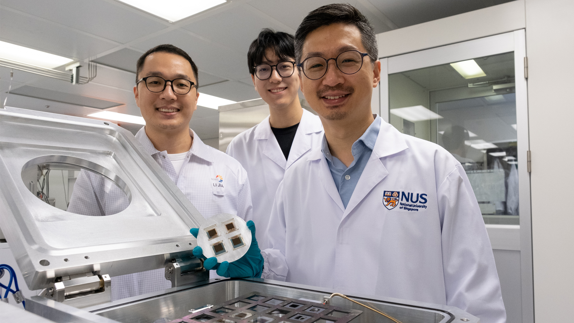 Perovskite solar cells designed by Asst Prof Hou Yi (right), Mr Wang Xi (centre), Dr Li Jia (left) and their team have attained a world record efficiency of 24.35%.