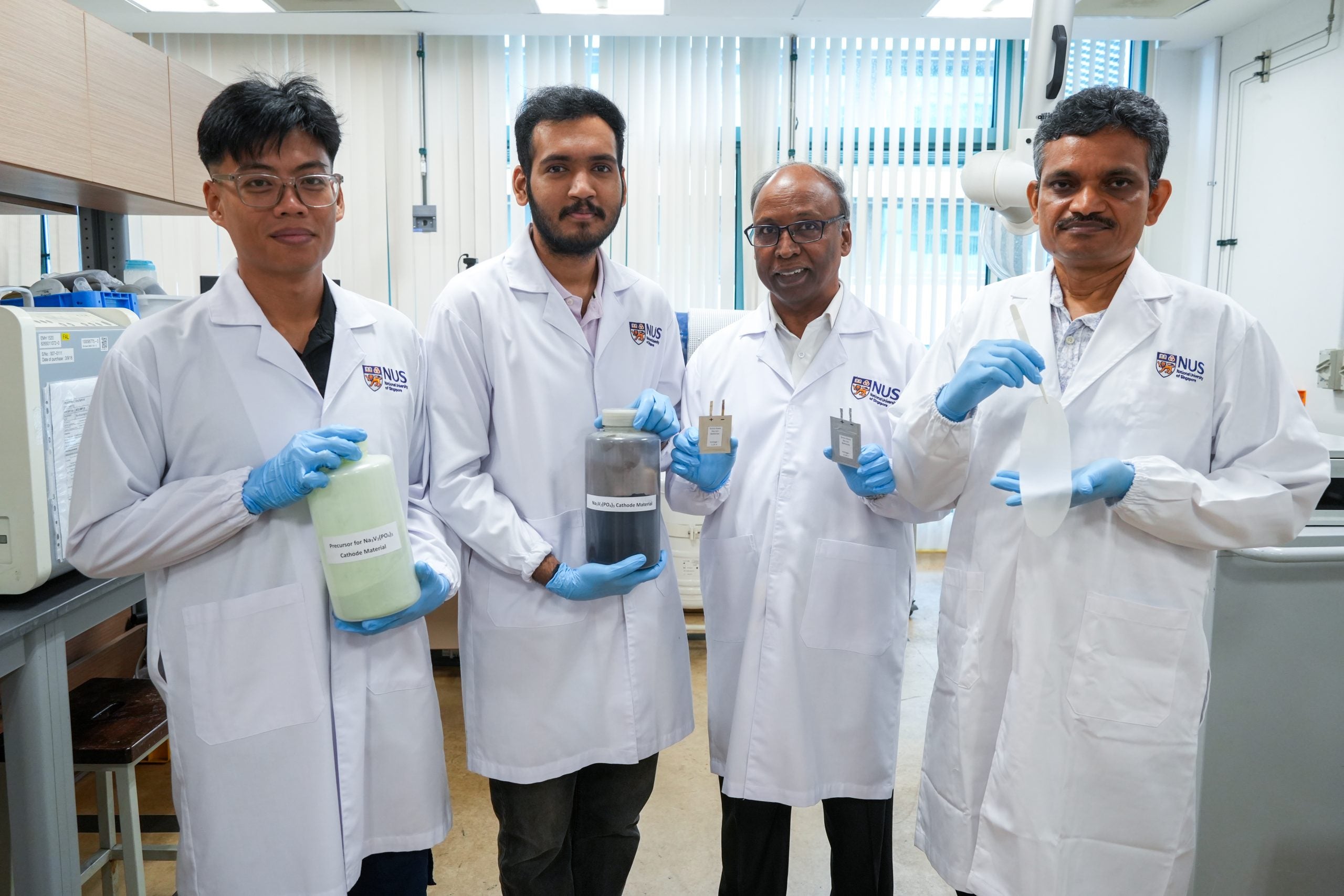 The team led by Assoc Prof Palani Balaya (third from left) have developed a high-performance, dendrite-free all-solid-state sodium battery using a low-cost 2D material based solid polymer electrolyte for sustainable energy storage. Team members include (from left) Research Engineer Muhammad Hadi Bin Mohd Hasan, PhD student Sudharshan Vasudevan, and Senior Research Fellow Sivakkumar Seepalakottai Ramakrishnan.