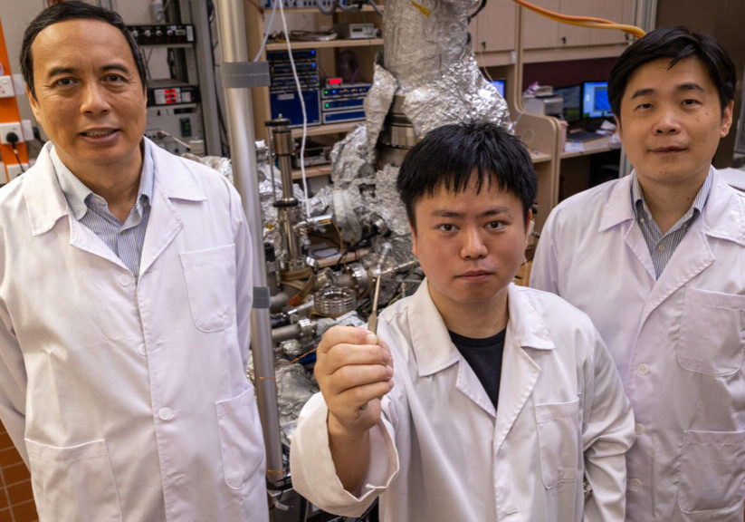 Researchers behind the discovery: From right to left, Associate Professor Cheng-Wei Qiu and Dr. Qiangbing Guo (Dept of Electrical and Computer Engineering), with Professor Andrew T. S. Wee (NUS Physics)
