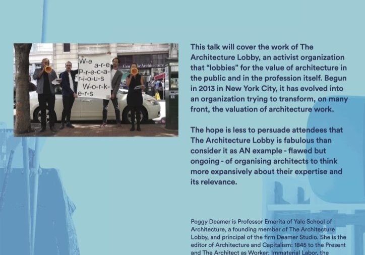 Event poster for the Department of Architecture's Lobbying for Architecture Guest Lecture, featuring Peggy Deamer