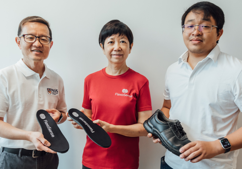 The research team behind the smart insole: Prof Lim Chwee Teck from NUS (left), with Ms Chia Lye Peng (centre), and Mr Mark Francis De Leon (right) from NUS start-up, FlexoSense.